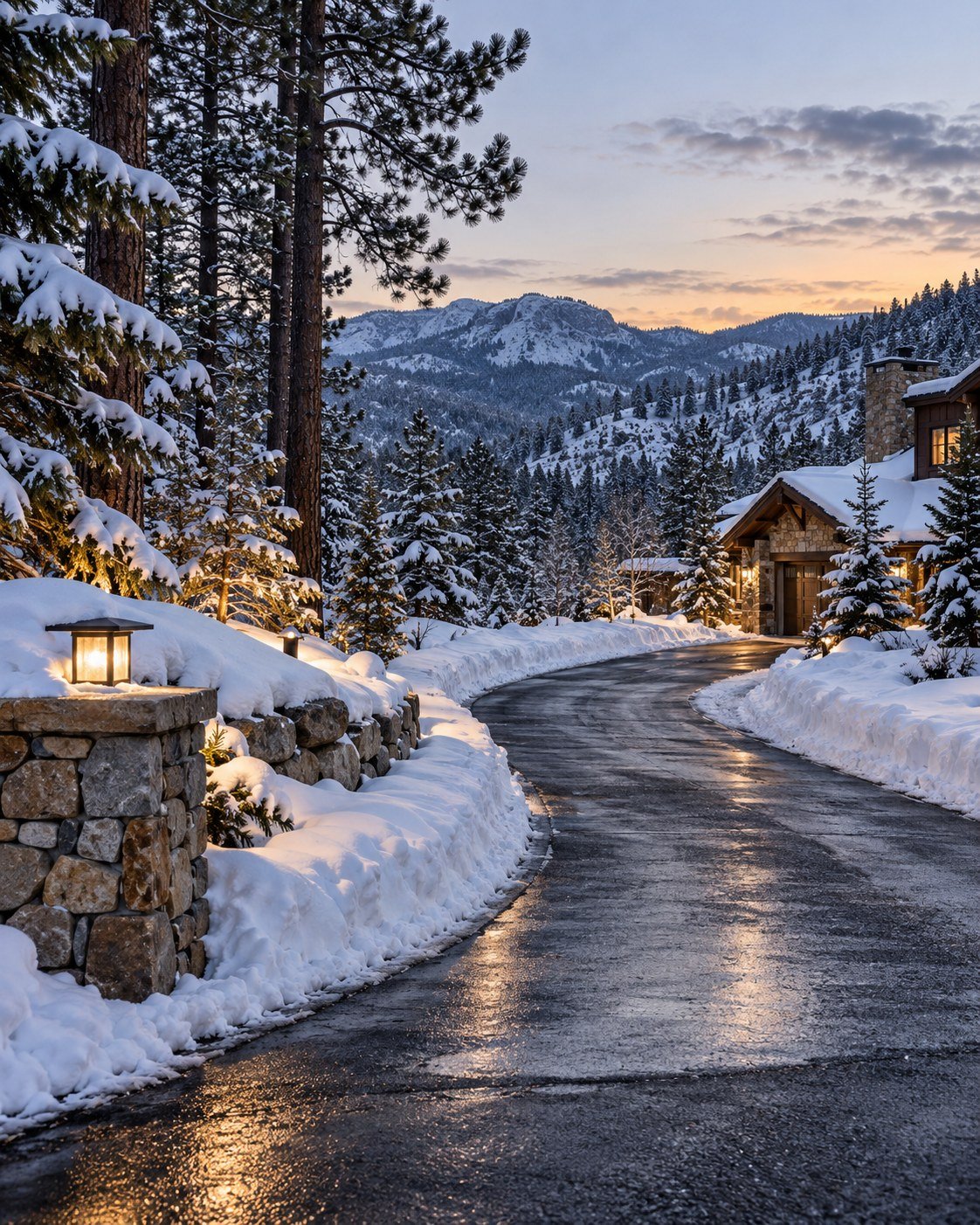 A cleared driveway on the US-285 corridor after a storm, foothills in the background